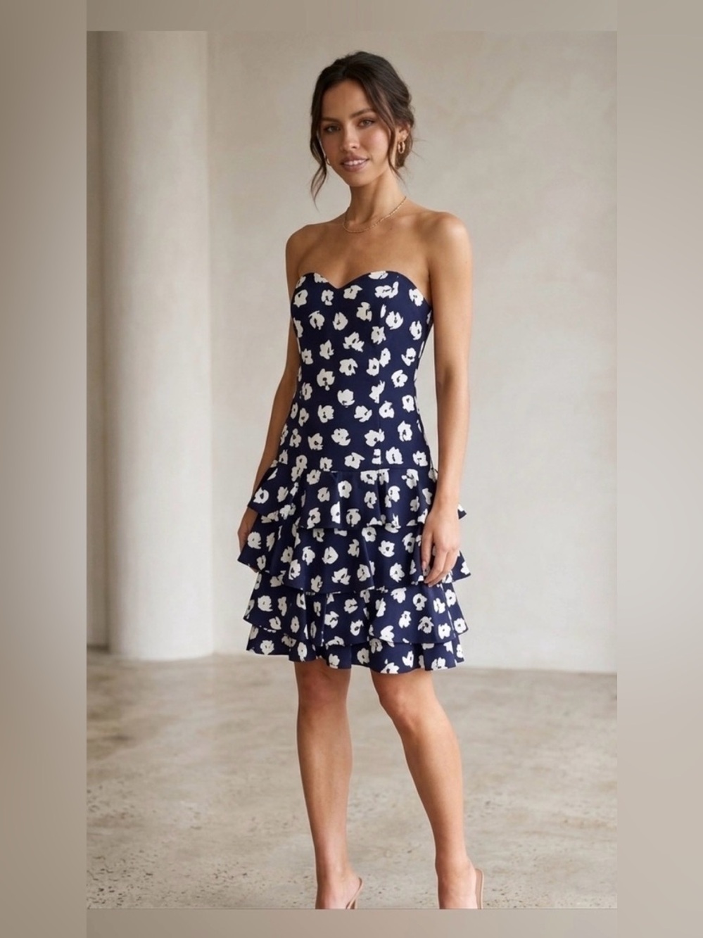 Vintage 80s 90s Dress Strapless Ruffled Cocktail Patty O’Neil Navy White Floral